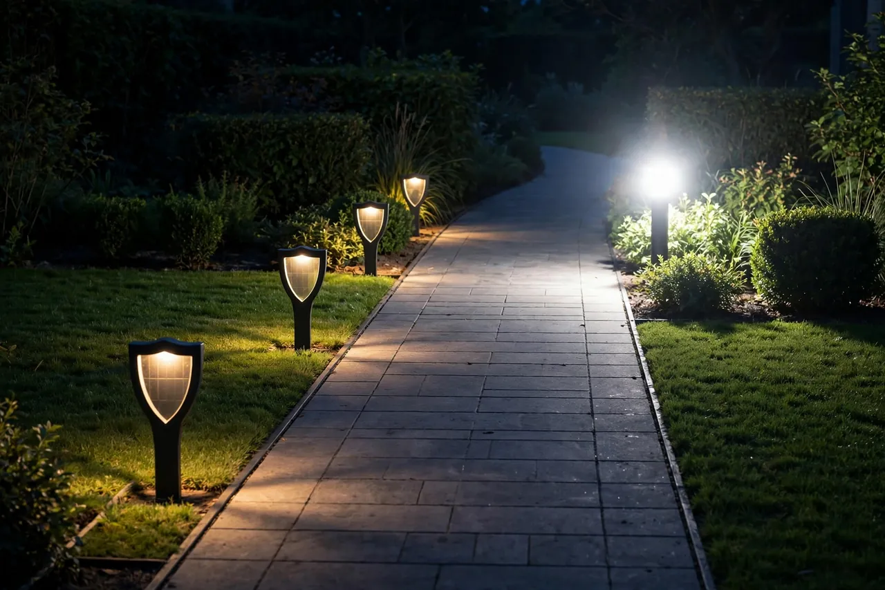 A finished pathway at night with shielded solar lights on one side glowing downward and an unshielded light further along shining harshly for