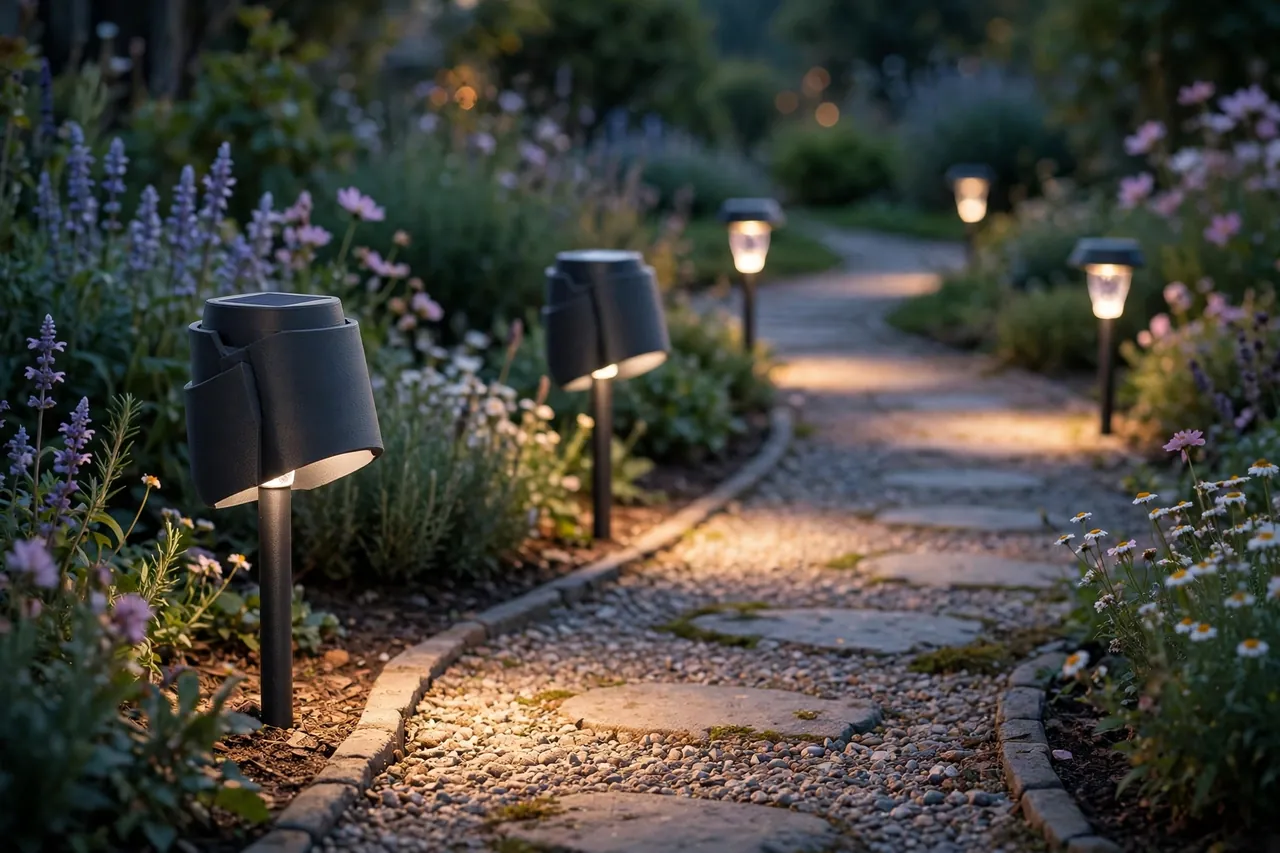 A garden path at dusk lined with solar pathway lights