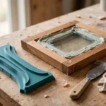 A bright workshop bench with a matte teal 3D printed glazing putty smoothing tool beside a small wooden window frame with fresh putty around