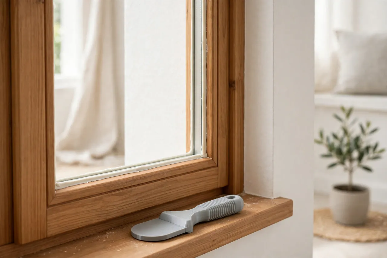 A finished wooden window sash with smooth even putty lines around the glass, the printed smoothing tool resting on the sill below