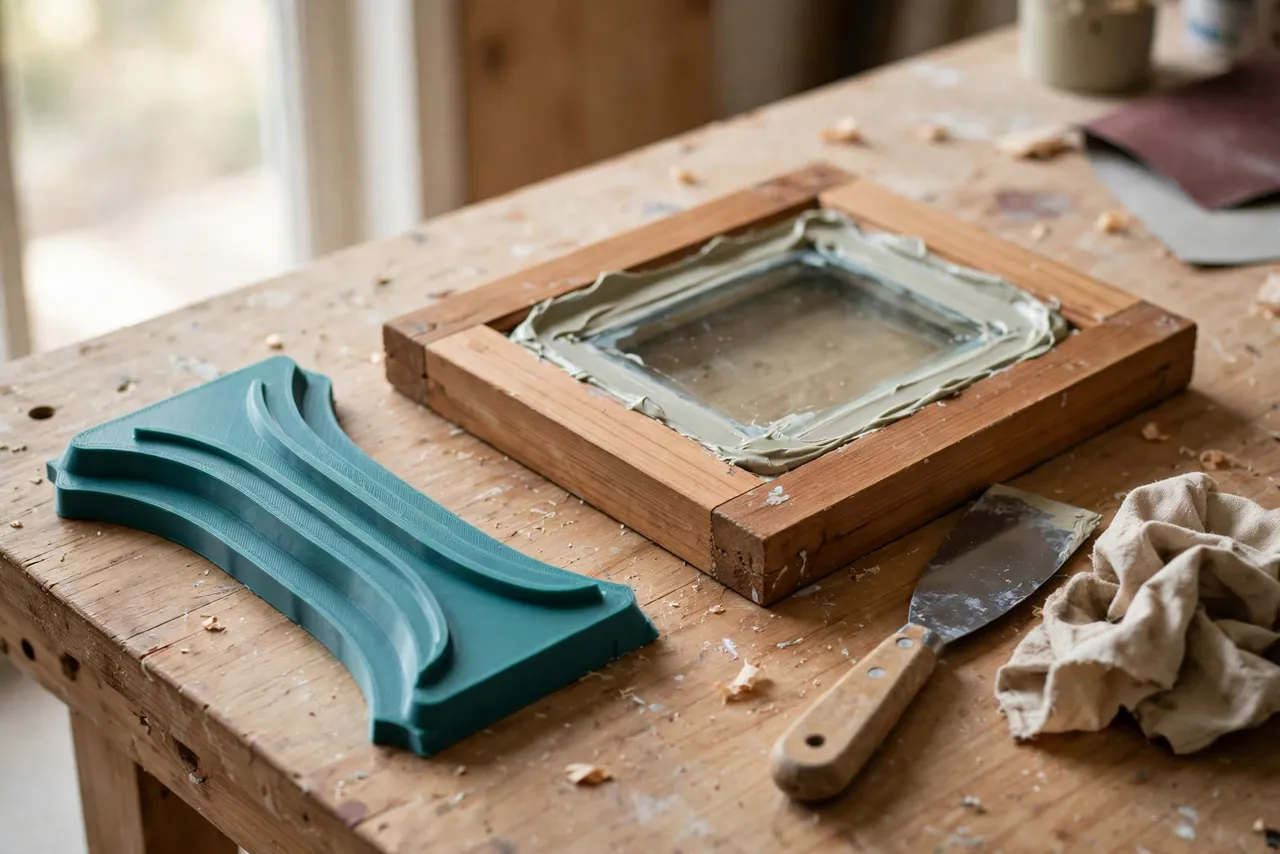A bright workshop bench with a matte teal 3D printed glazing putty smoothing tool beside a small wooden window frame with fresh putty around