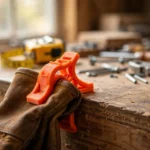 A home workshop workbench edge with a bright orange 3D printed glove clip gripping the cuff of a pair of brown leather work gloves