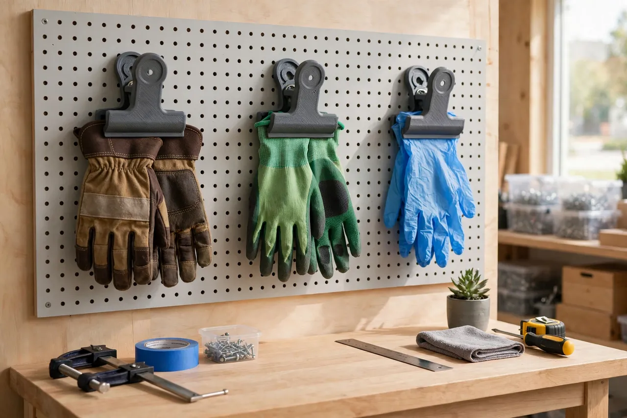 A tidy workshop wall board with several 3D printed glove clips holding pairs of work gloves, gardening gloves