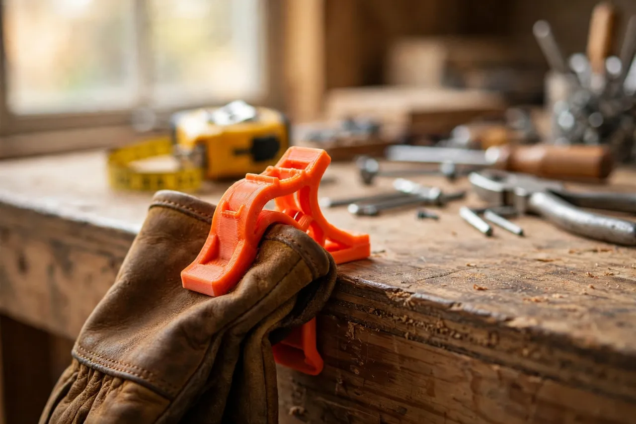A home workshop workbench edge with a bright orange 3D printed glove clip gripping the cuff of a pair of brown leather work gloves