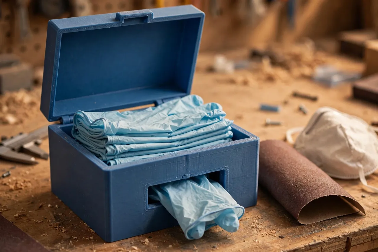 Close-up view of a 3D printed glove dispenser box in matte blue plastic with its lid lifted open