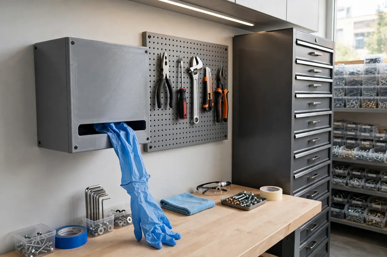 A tidy workshop wall with a mounted 3D printed glove dispenser box beside a tool cabinet