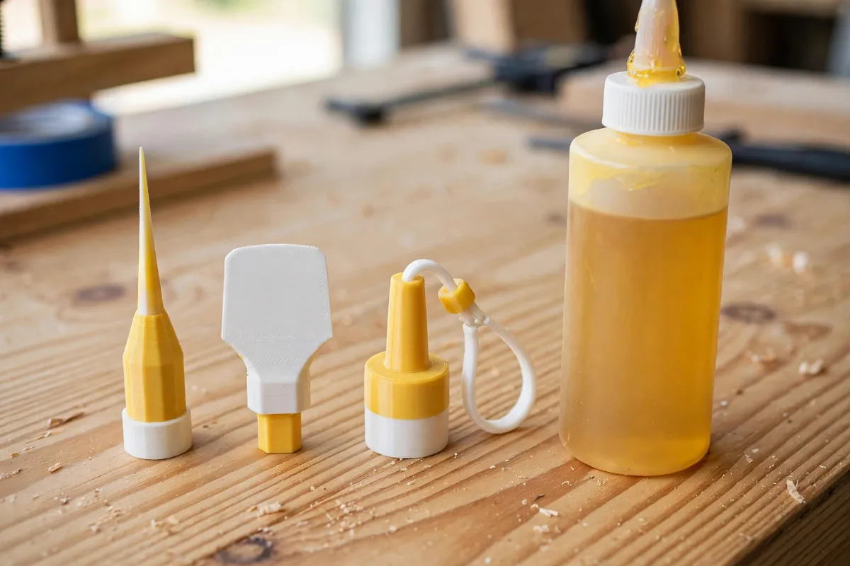A set of matte yellow and white 3D printed glue applicator tips and caps arranged beside a workshop wood glue bottle on a pine workbench — a fine