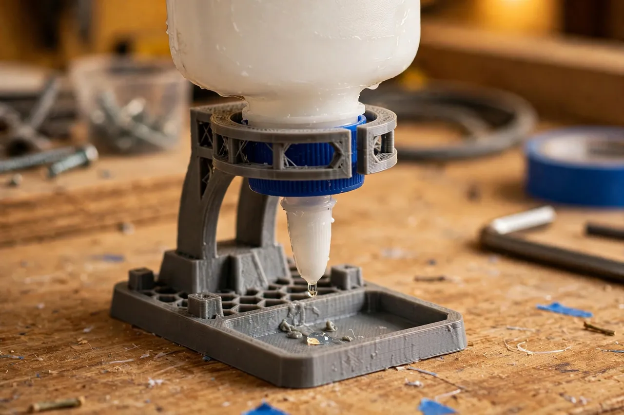 Close-up of a glue bottle held inverted in a 3D printed holder on a workbench