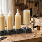 A bright home workshop bench with several wood glue bottles standing in matte charcoal-gray 3D printed holders