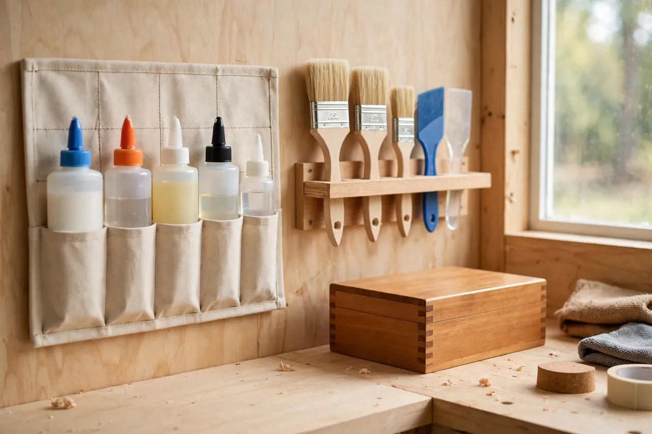 A tidy bench corner with a row of glue and adhesive bottles in printed holders beside a small shelf of brushes and spreaders