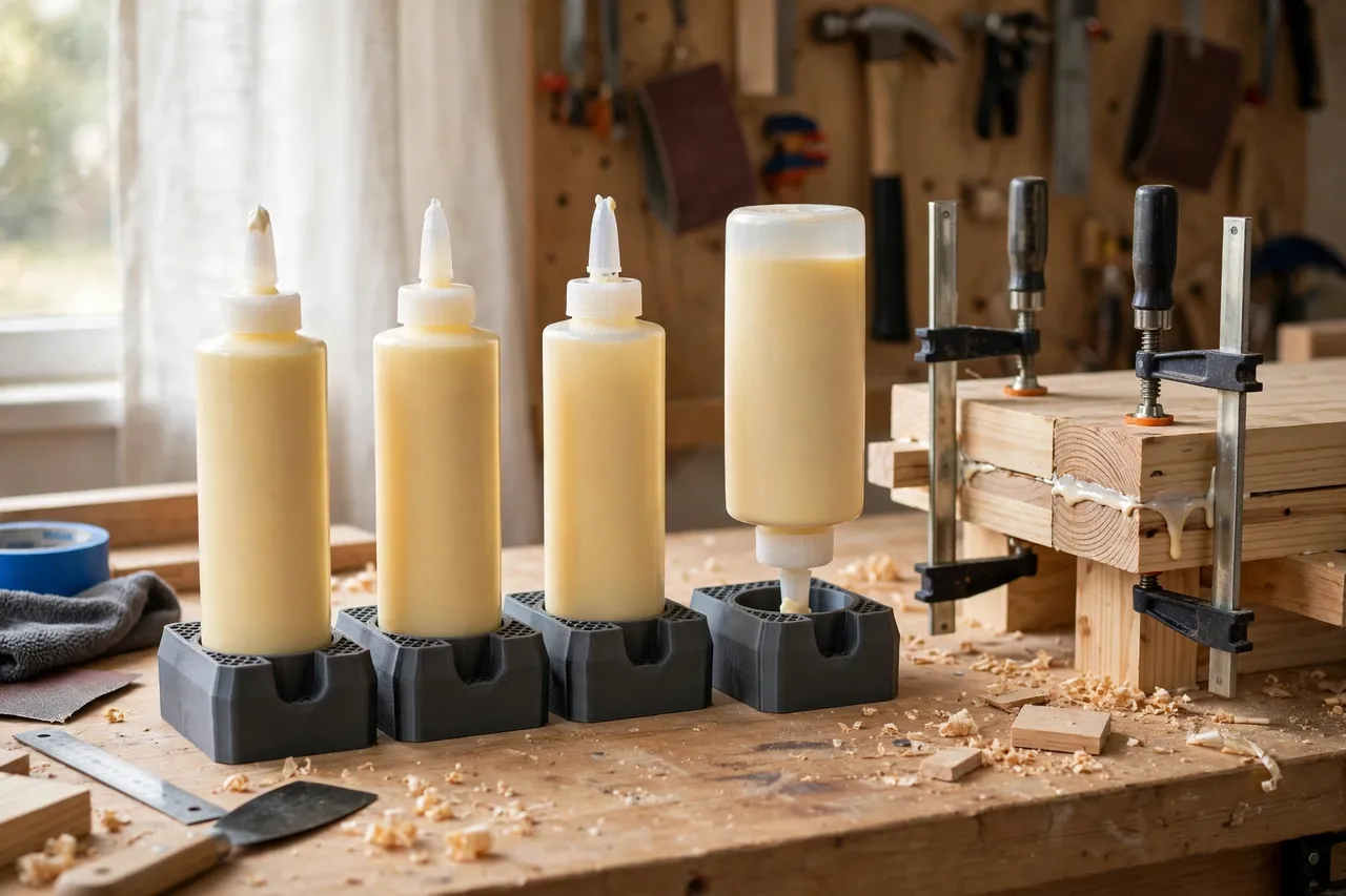 A bright home workshop bench with several wood glue bottles standing in matte charcoal-gray 3D printed holders
