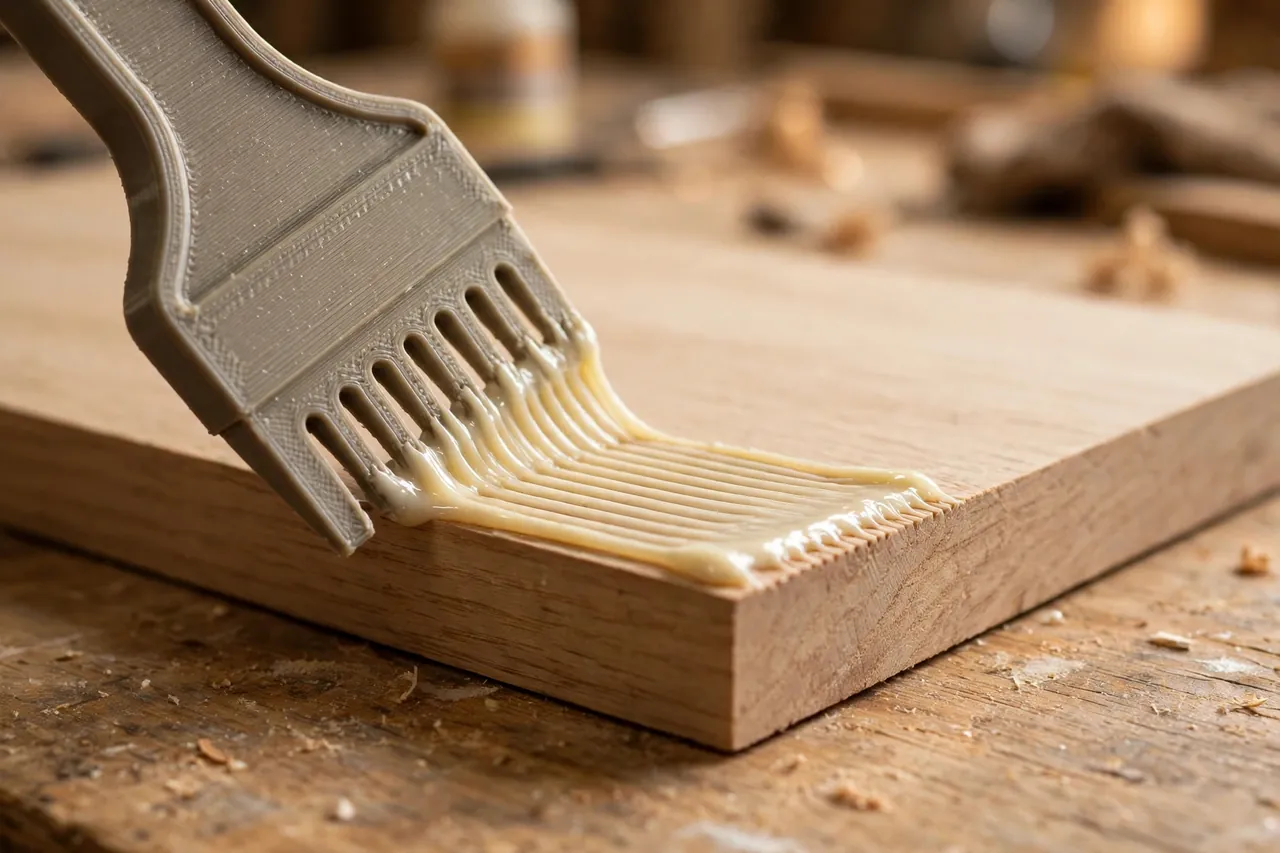 Close-up of a notched 3D printed glue spreader drawing an even ridged line of pale wood glue across the edge of a light oak board on a workbench