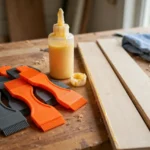 A bright home workshop scene on a warm wooden workbench