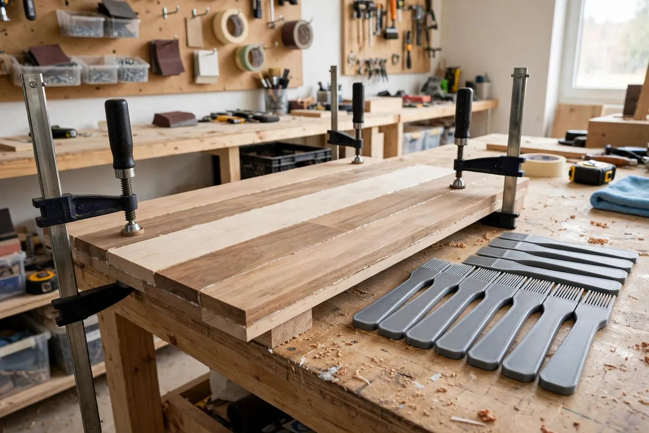 A finished glued panel clamped flat on a workbench with a neat row of cleaned 3D printed glue spreaders resting beside it, bright clean workshop