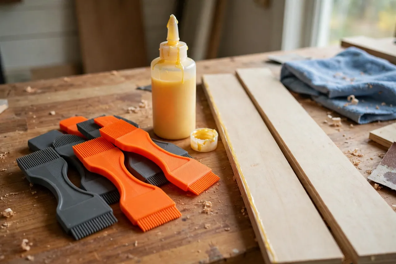 A bright home workshop scene on a warm wooden workbench
