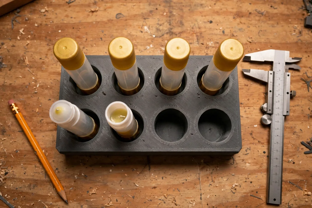 Close-up top-down view of a matte charcoal-gray 3D printed glue stick storage rack being test-fitted with glue sticks on a workbench, calipers and a pencil nearby, warm workshop lighting
