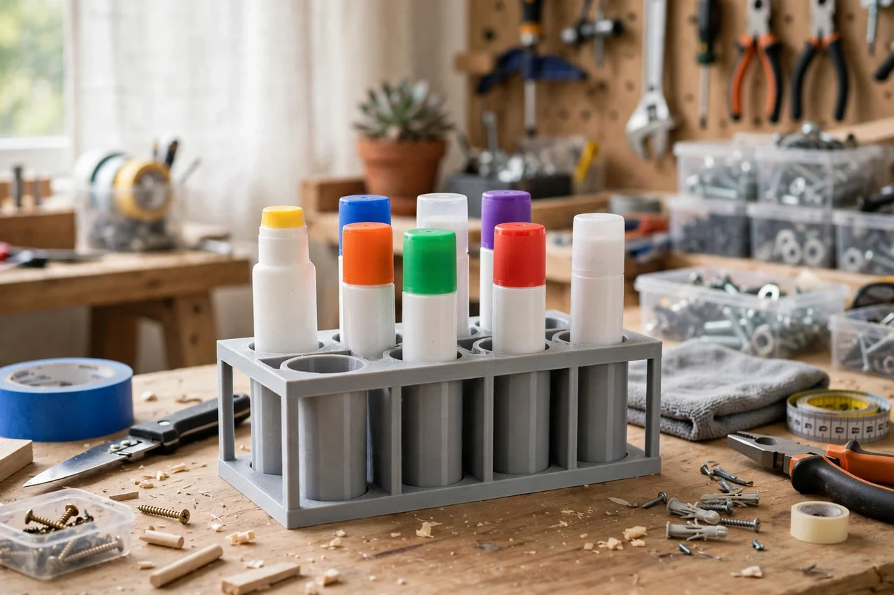 View of the finished 3D printed glue stick storage rack in use during a home repair tidy-up on a workbench, tidy workshop background in soft focus, bright natural light