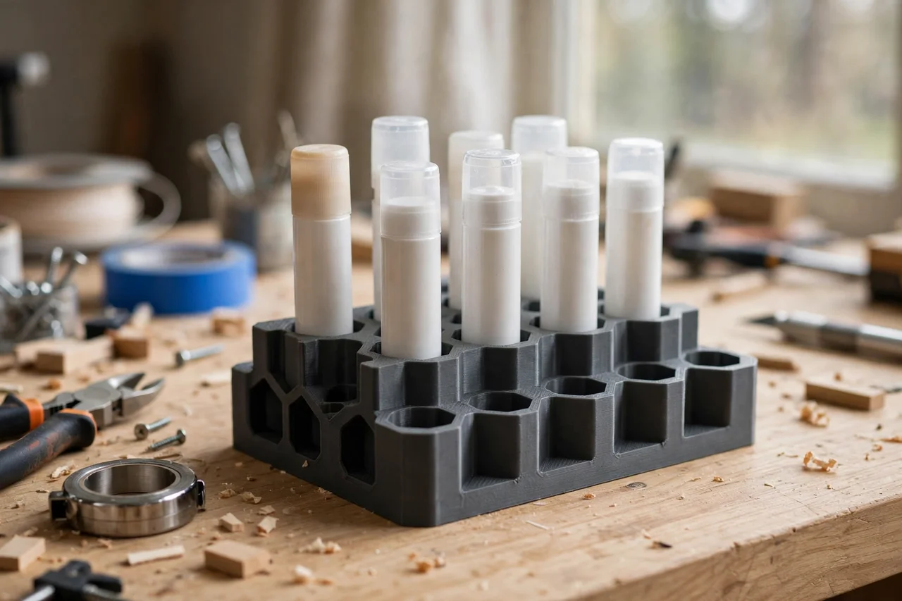 Home workshop scene on a light oak workbench, a matte charcoal-gray 3D printed glue stick storage rack holding glue sticks, soft natural window light, shallow depth of field
