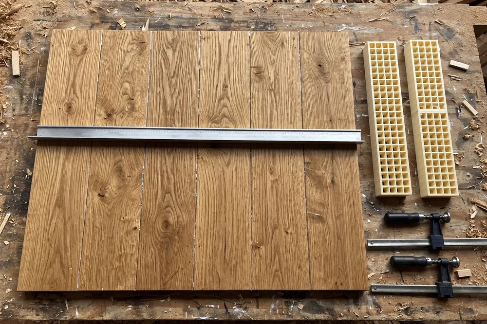 Top-down view of a glued-up oak tabletop panel resting flat on a workbench with a metal straightedge laid across it showing no gaps