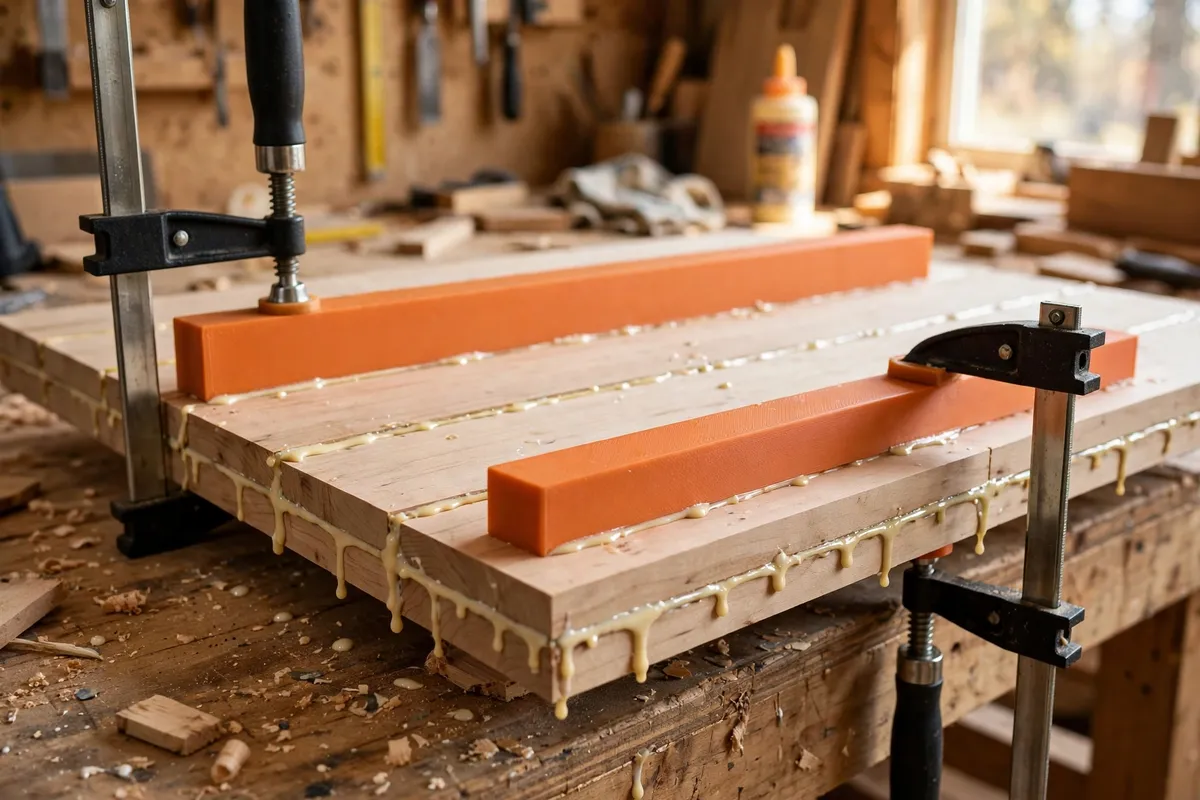 A bright workshop scene with a wooden panel glue-up on a workbench