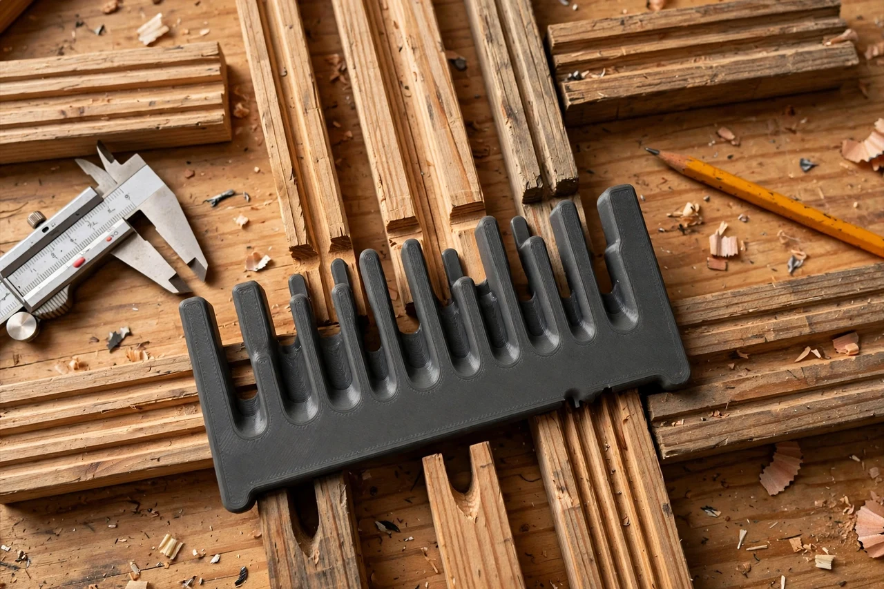 Close-up top-down view of a matte charcoal-gray 3D printed groove width measuring gauge being test-fitted against grooved boards and panel tongues on a workbench, calipers and a pencil nearby, warm workshop lighting