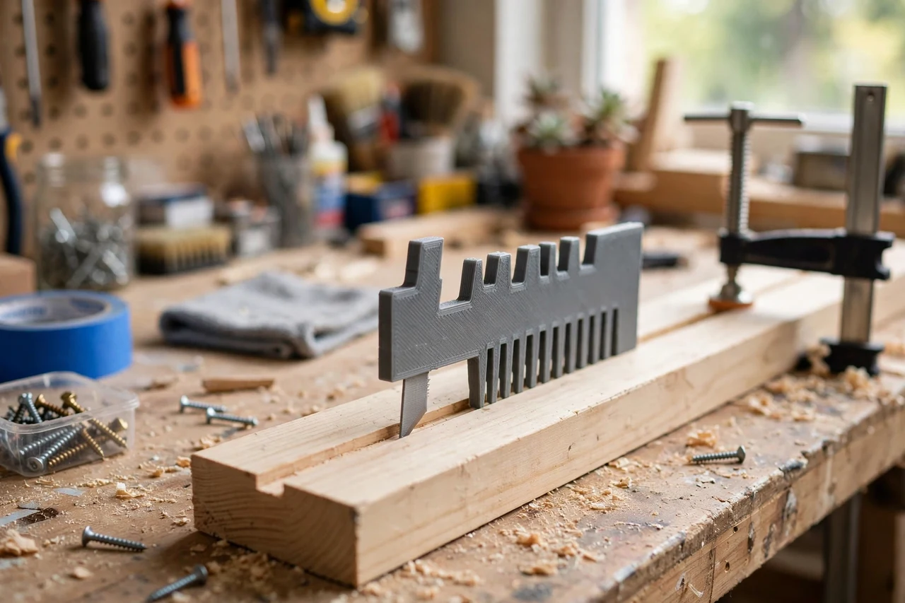View of the finished 3D printed groove width measuring gauge in use on a home repair project on a workbench, tidy workshop background in soft focus, bright natural light
