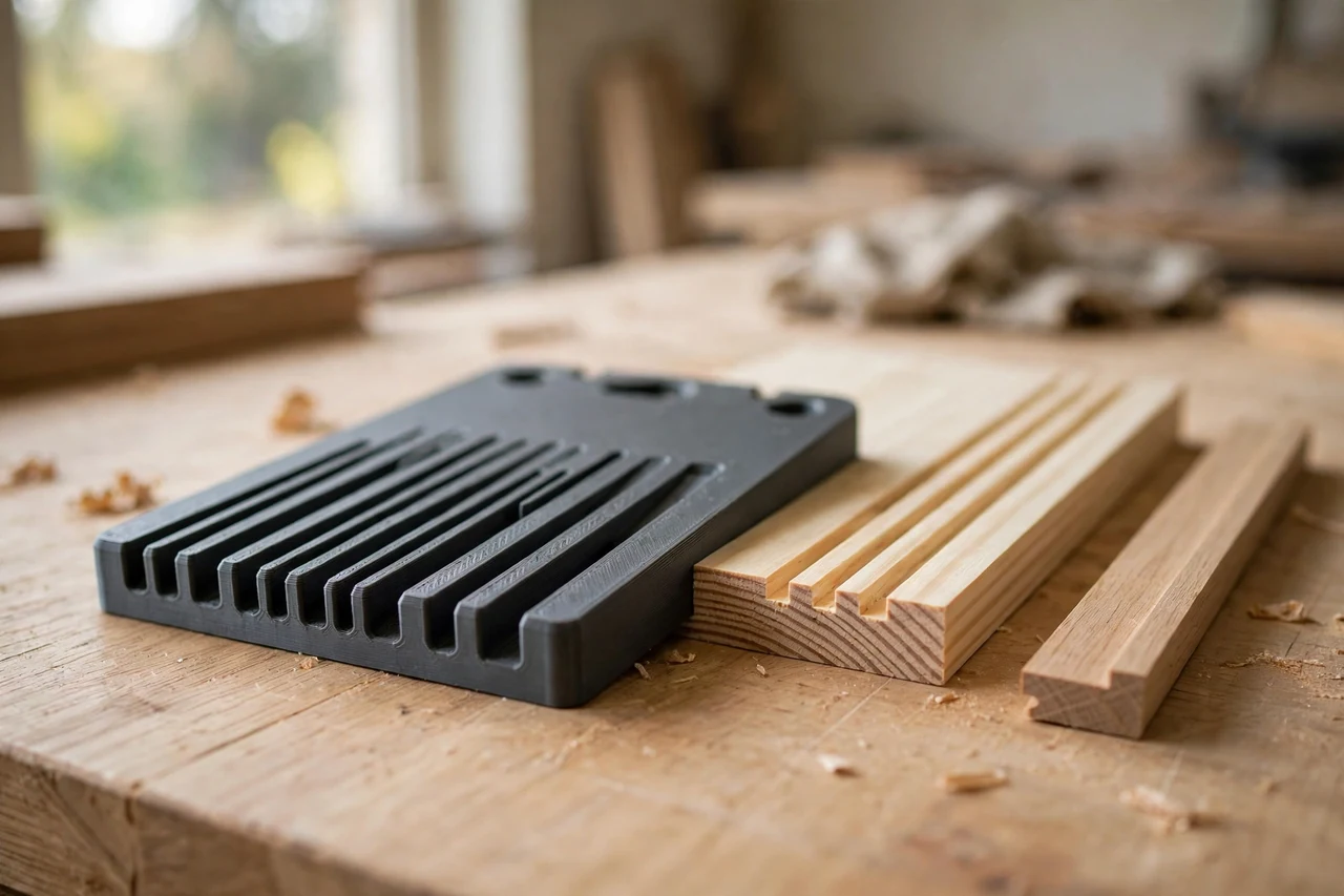 Home workshop scene on a light oak workbench, a matte charcoal-gray 3D printed groove width measuring gauge beside a grooved board and a panel tongue, soft natural window light, shallow depth of field