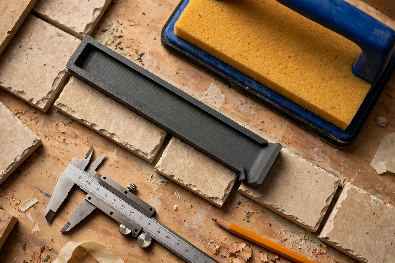 Close-up top-down view of a matte charcoal-gray 3D printed grout float edge guard being test-fitted against a grout float and tile edges on a workbench, calipers and a pencil nearby, warm workshop lighting