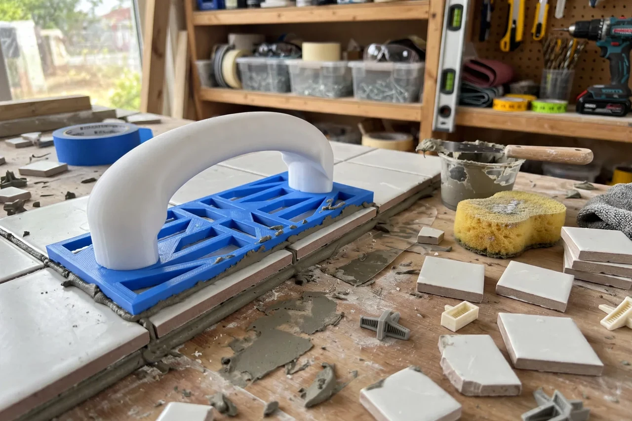 View of the finished 3D printed grout float edge guard in use on a home improvement project on a workbench, tidy workshop background in soft focus, bright natural light