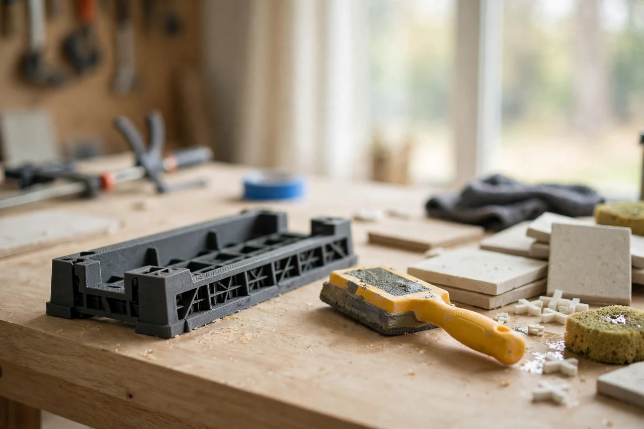 Home workshop scene on a light oak workbench, a matte charcoal-gray 3D printed grout float edge guard beside a grout float and tiles, soft natural window light, shallow depth of field