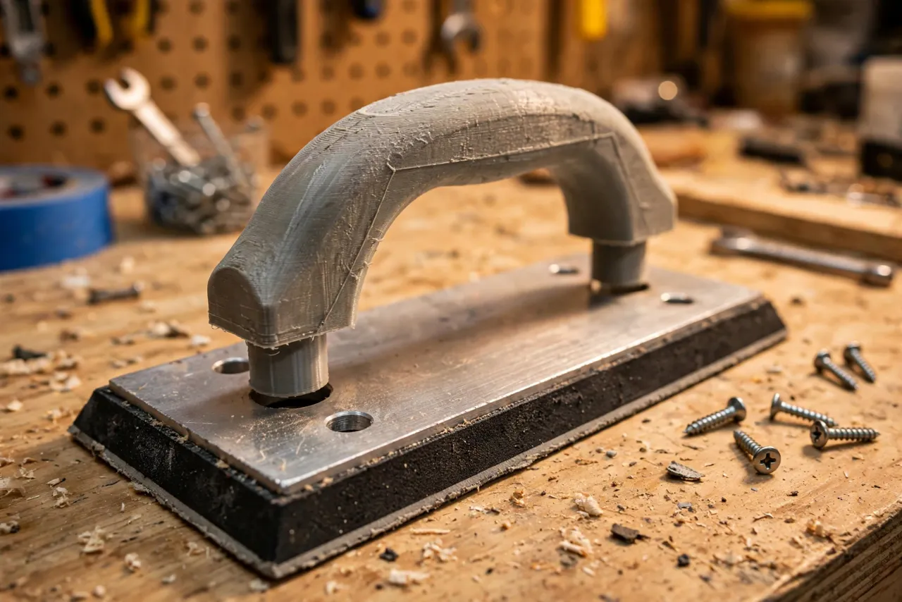 Close-up of hands-free view of a 3D printed grout float handle being fitted onto the metal base plate of a grout float on a workbench, screws