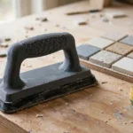 A bright workshop bench with a matte charcoal-gray 3D printed grout float handle fitted to a rubber grout float