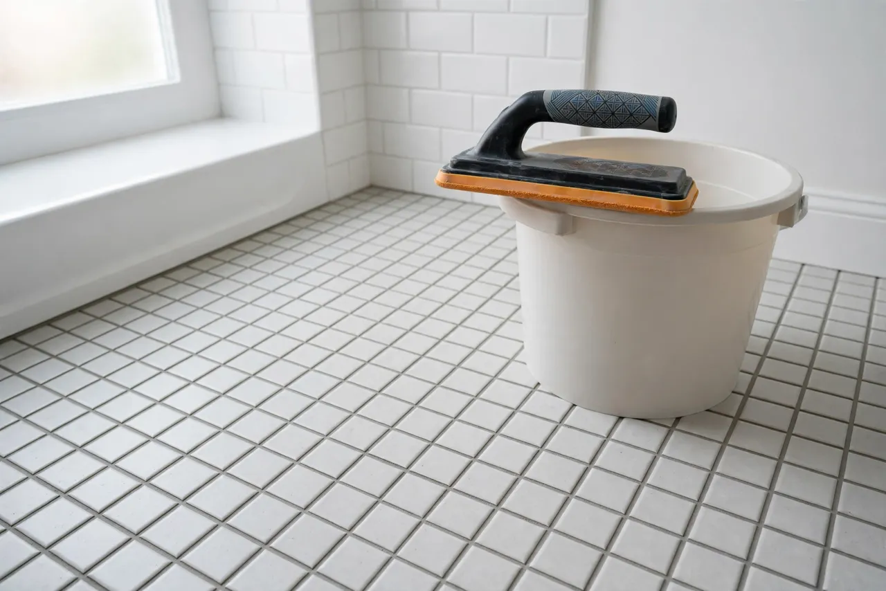 A finished tiled surface with neat grout lines, the grout float with its new printed handle resting on a clean bucket edge nearby