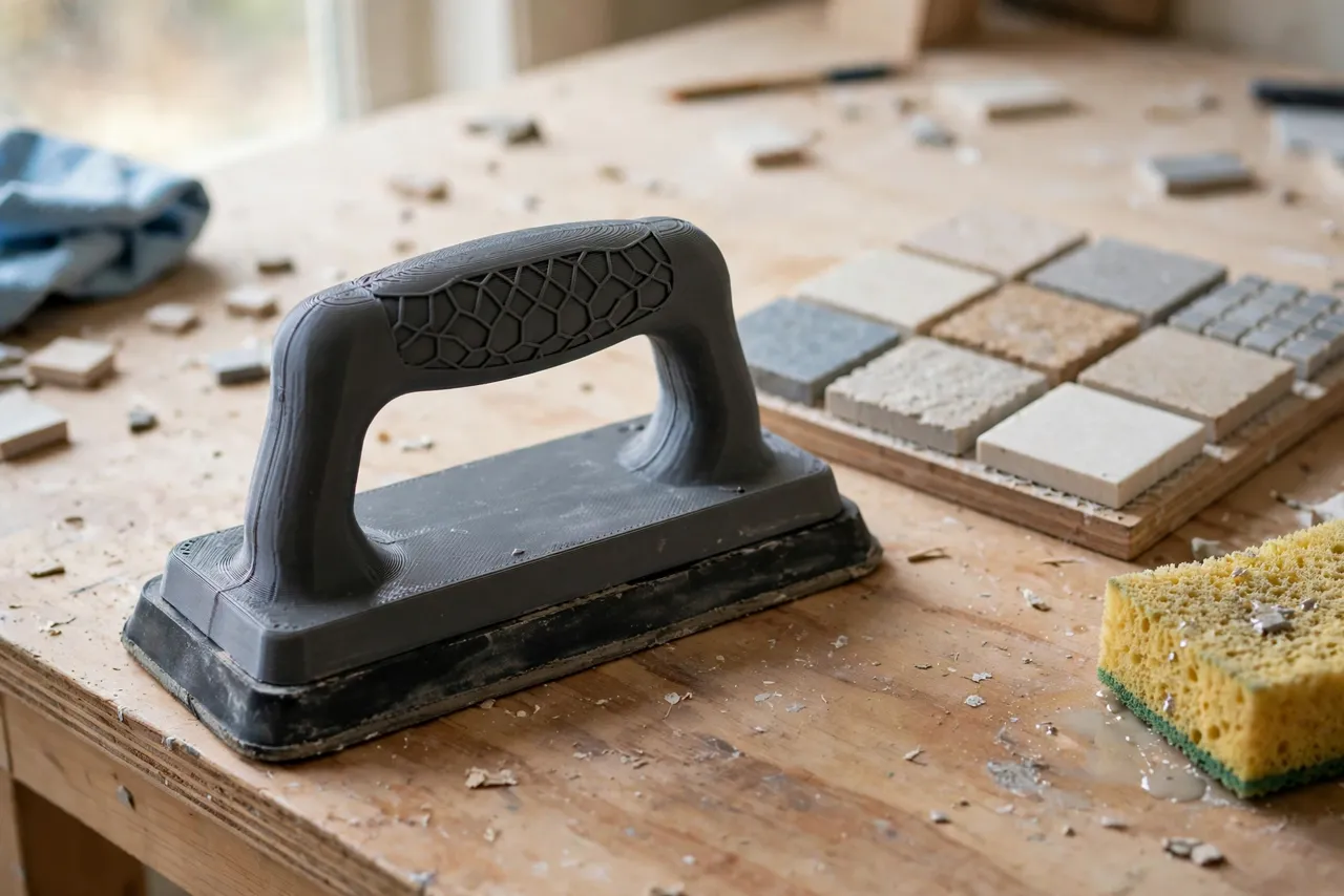A bright workshop bench with a matte charcoal-gray 3D printed grout float handle fitted to a rubber grout float