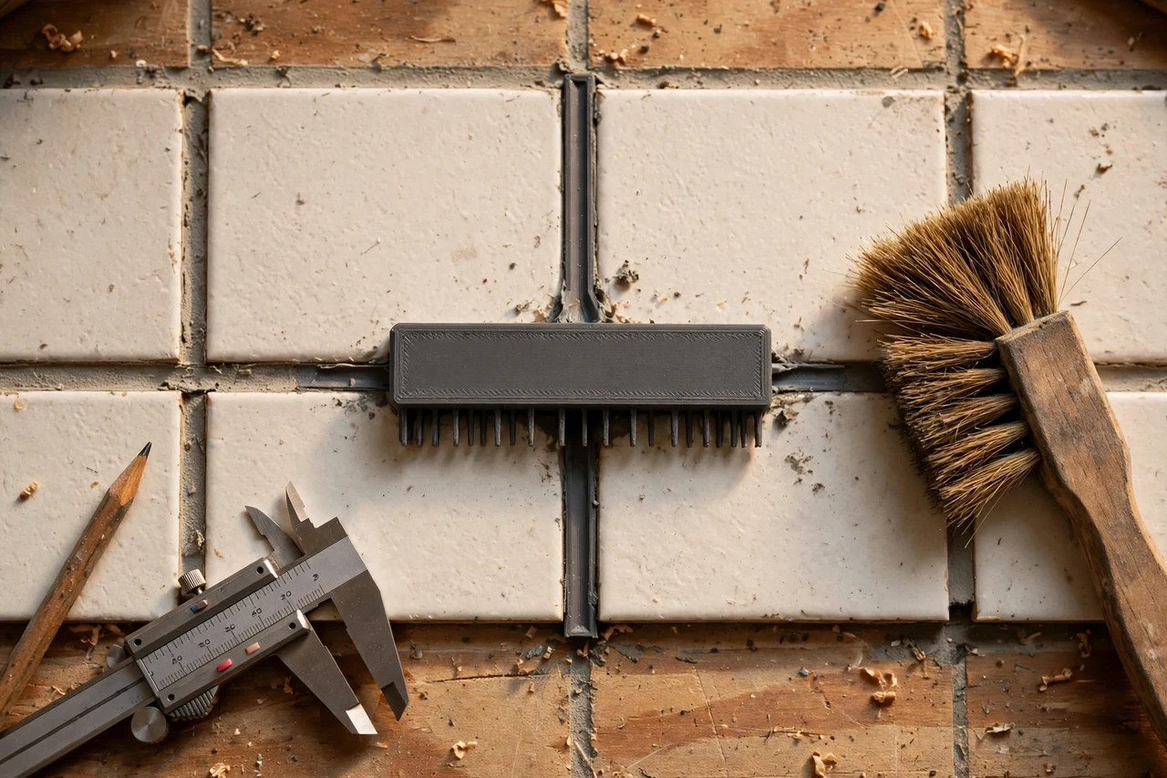 Close-up top-down view of a matte charcoal-gray 3D printed grout line cleaning guide being test-fitted against grout lines and a stiff brush on a workbench, calipers and a pencil nearby, warm workshop lighting
