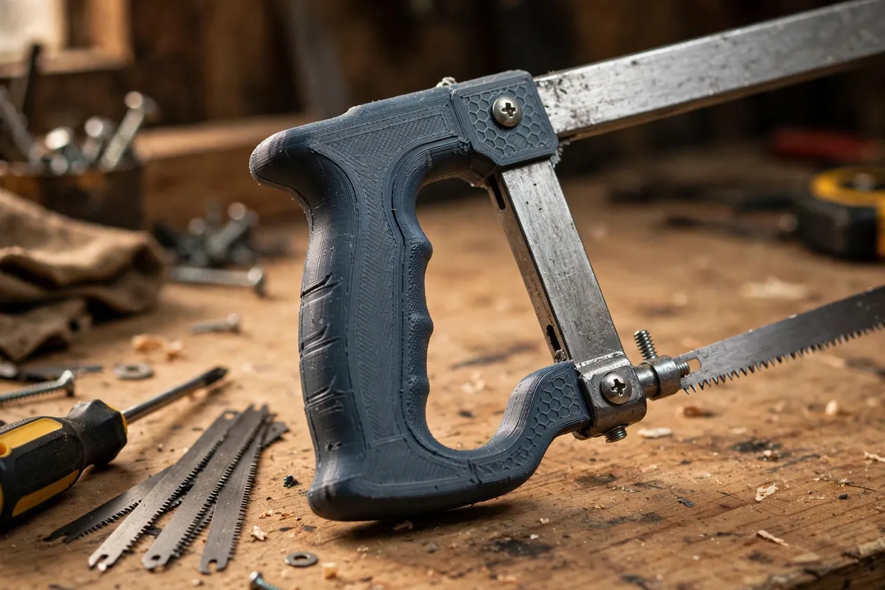 Close-up view of a 3D printed hacksaw handle with screws fastening it to a steel hacksaw frame