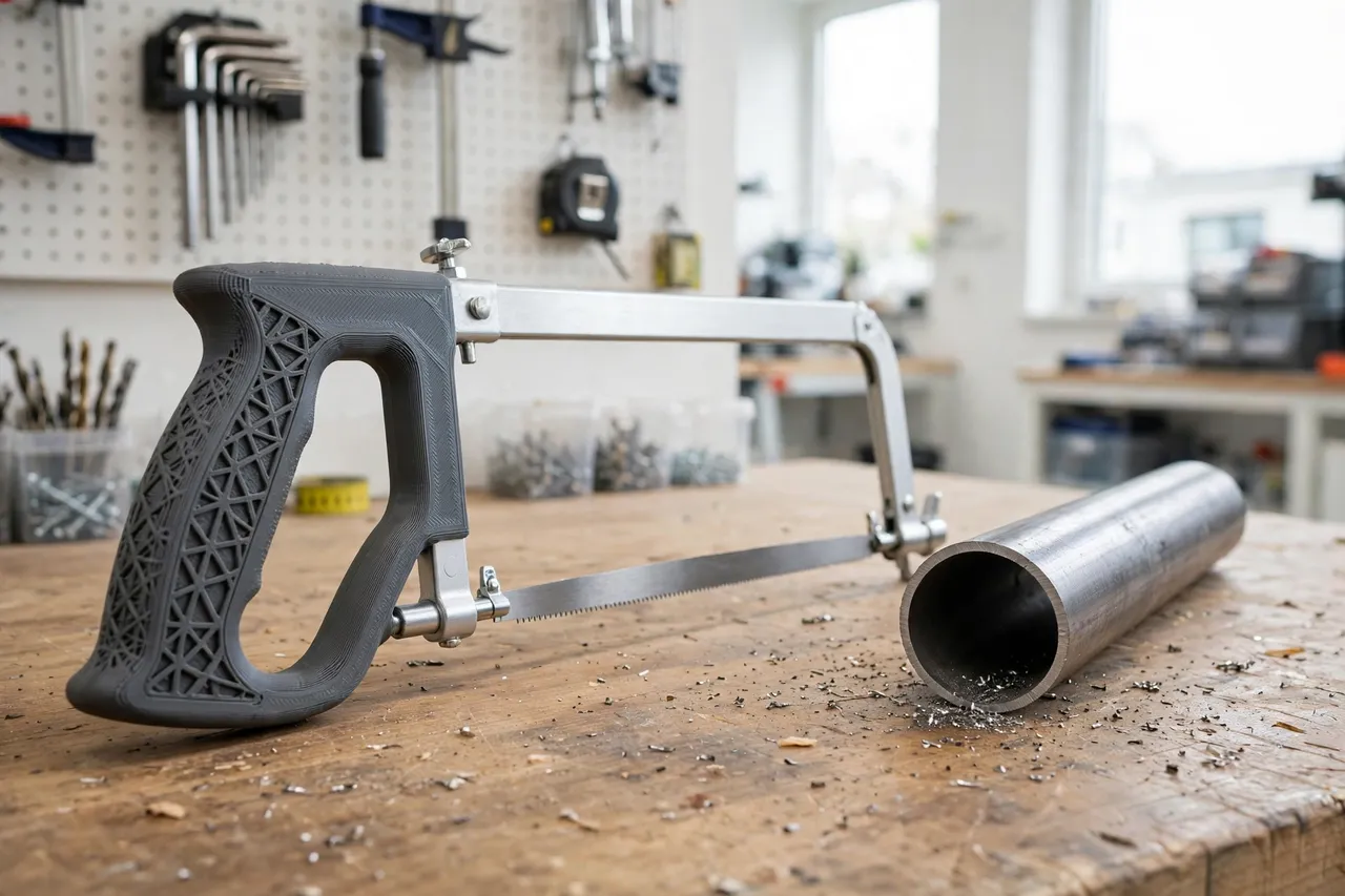 A hacksaw with a printed handle resting on a workbench beside a neatly cut metal pipe, bright clean workshop interior