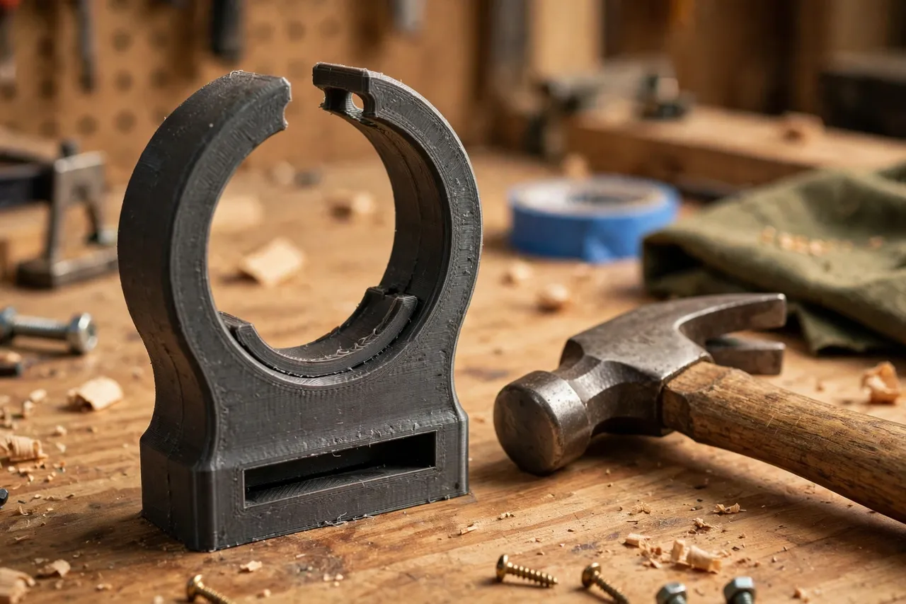 Close-up of a 3D printed hammer loop showing its belt slot, open loop, and retaining lip, on a workbench beside a hammer, warm workshop lighting