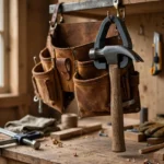 A home workshop scene, a leather tool belt with a matte charcoal-gray 3D printed hammer loop holding a claw hammer at the hip