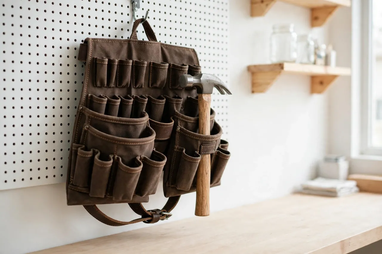 A tool belt fitted with printed loops and holders hanging ready on a workshop wall, a hammer parked in its loop, bright clean workshop