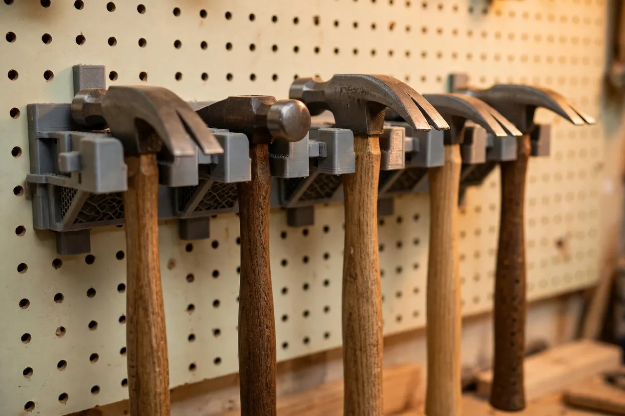 Close-up view of a 3D printed hammer rack mounted on a workshop wall