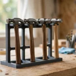 A bright home workshop scene on a light oak workbench
