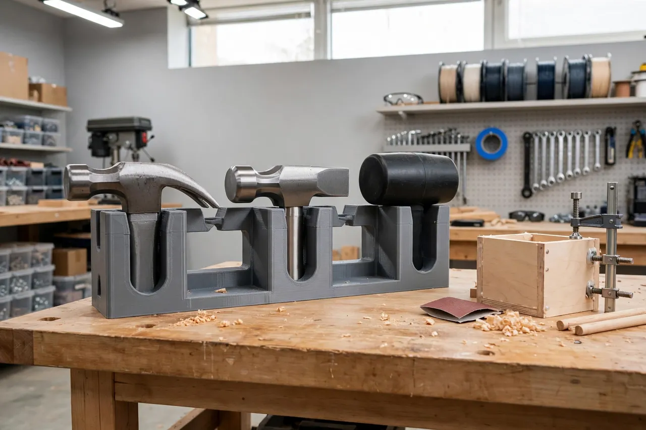 A finished workshop bench with a 3D printed hammer rack holding claw, ball-peen, and rubber mallet heads in a neat row
