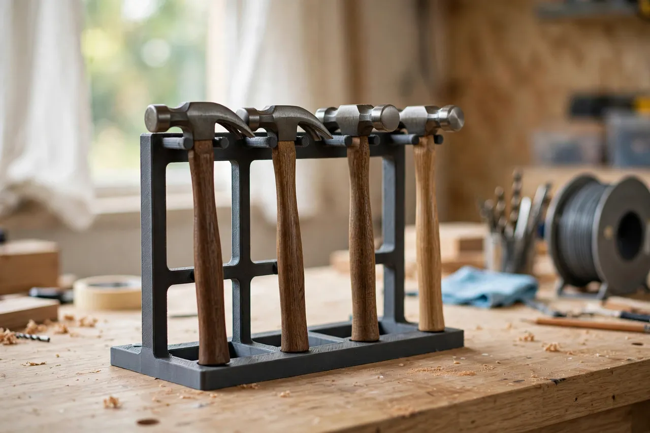 A bright home workshop scene on a light oak workbench
