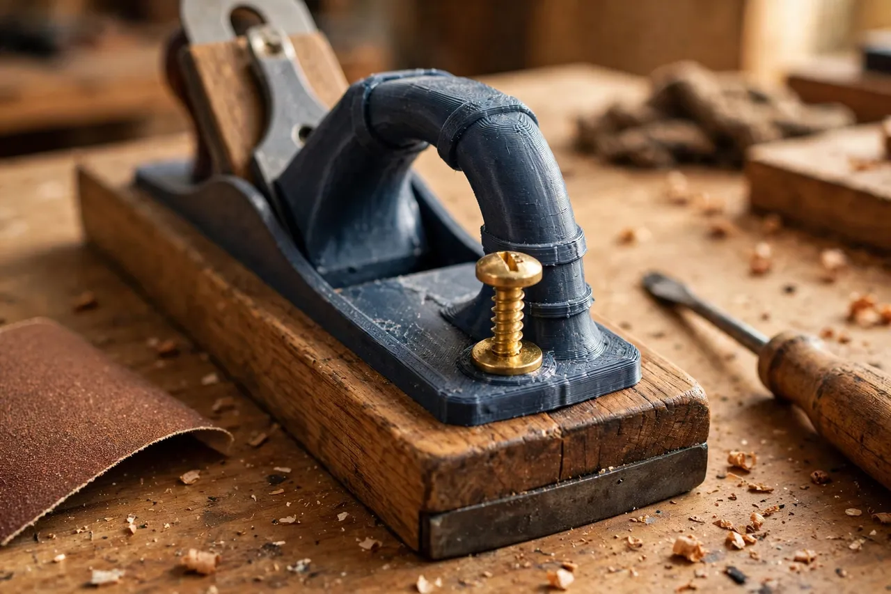 Close-up view of a 3D printed hand plane tote with a brass screw fastening it to a plane body