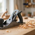 A bright home workshop scene on a light oak workbench