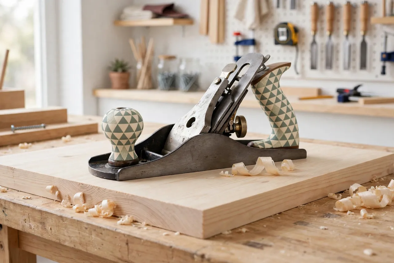 A hand plane with printed tote and knob resting on a pine board with a freshly planed smooth surface on a workbench, bright clean workshop interior