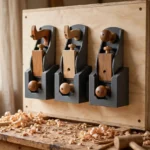 A warm home workshop wall with three hand planes standing upright in matte charcoal-gray 3D printed wall rack cradles mounted on a plywood panel