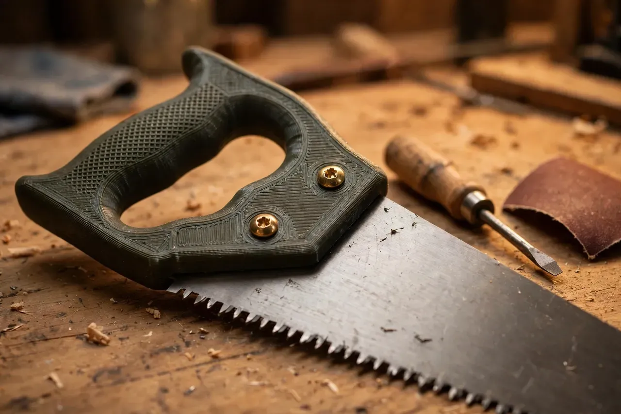 Close-up view of a 3D printed hand saw handle with brass screws fastening it to a steel saw blade