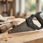 A bright home workshop scene on a light oak workbench